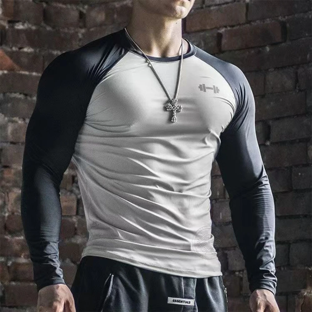 Spring and Summer New Fitness Long-sleeved Men's Quick-drying Milk Silk Body Shaping Sports Training Thin Solid Color M-3XL