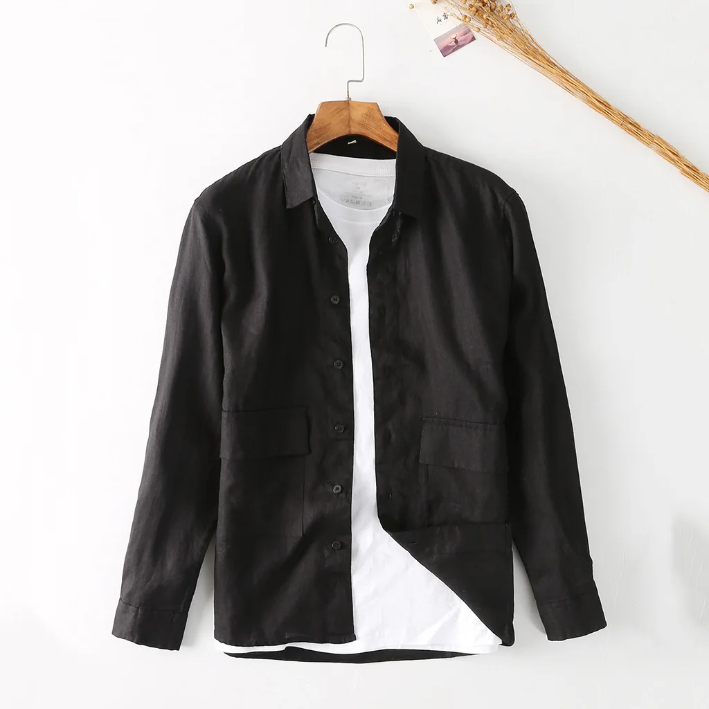 

Весенне-осенняя мужская простая льняная куртка, повседневная легкая куртка-карго стандартного кроя, стильная рабочая одежда с двумя карманами, куртки-рубашки