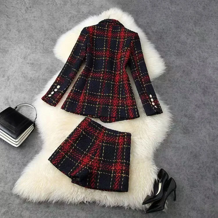 Women Winter Vintage Tweed Thicken Suit Double breasted Jacke Coat And Skirt Short Two Piece Set Outfit Jacquard Warm Clothing