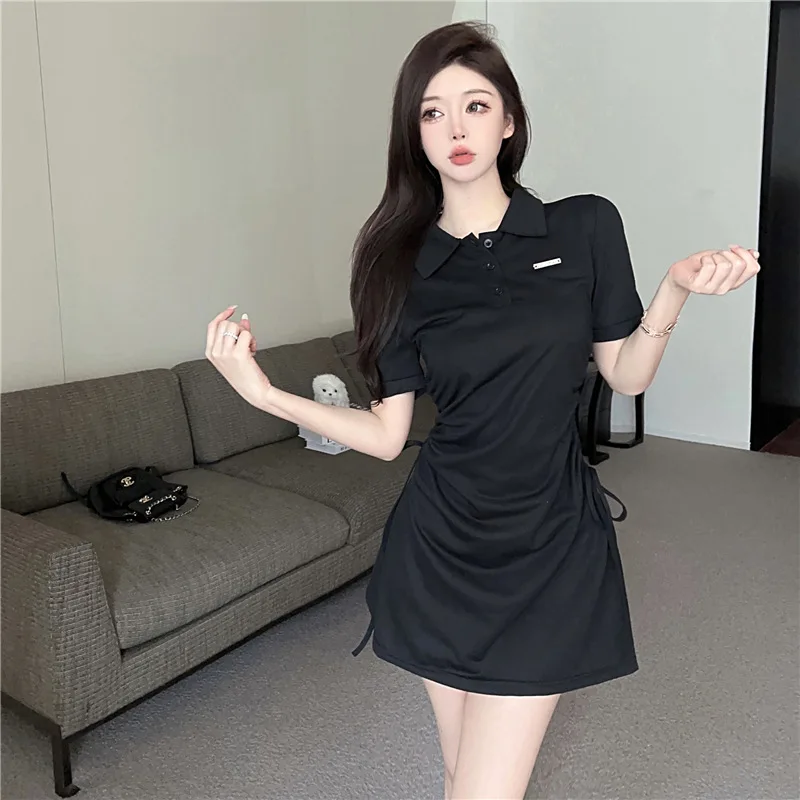 Women Dresses 2026 Sweet pink turn down collar puffed sleeve summer drawstring waist-cinching slim A-line mini dresses vestidoes