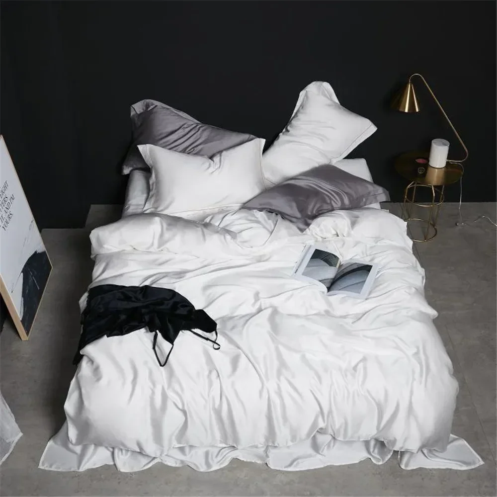 Women White 100% Silk Bedding Set Double Queen King Duvet Cover Fitted Sheet Or Flat Sheet Bed Linen Pillowcase 4PCS