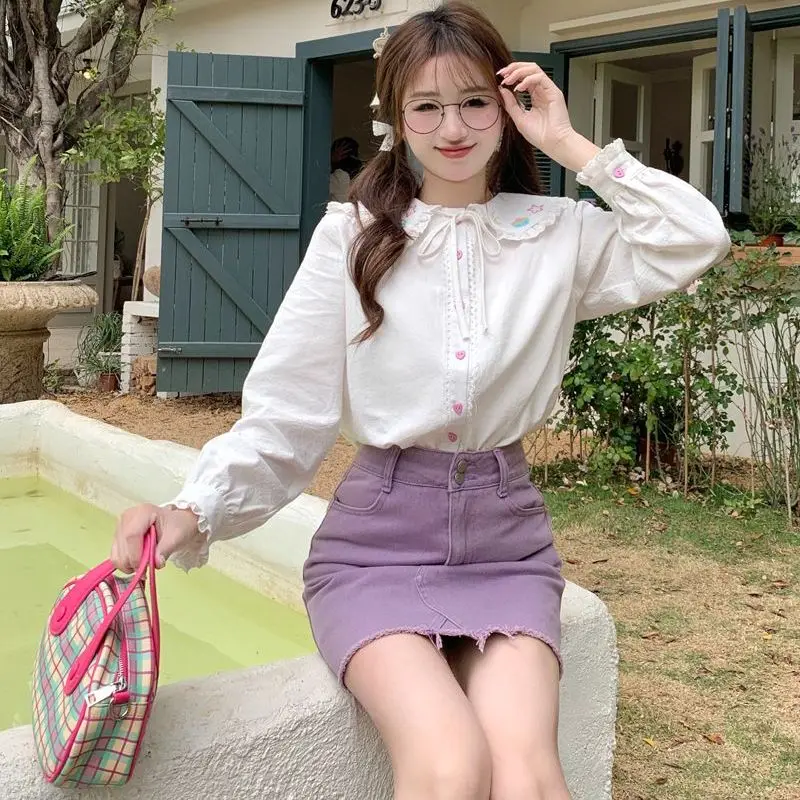 

Милая женская свободная блузка с кружевным воротником и длинным рукавом, весенне-осенняя, белая, модная, из полиэстера, стандартный крой