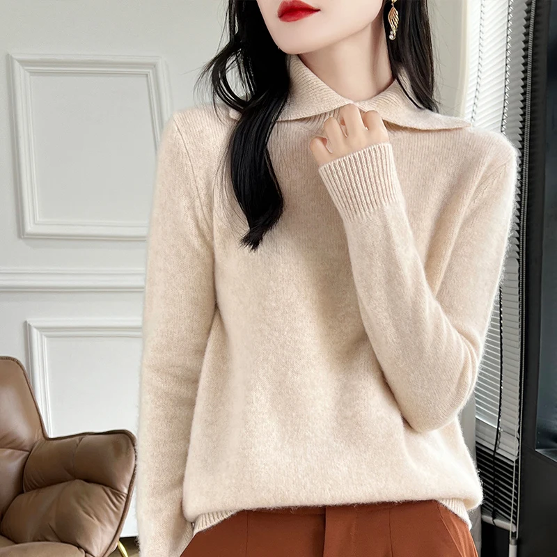 

100% Australian wool knitted women's pullover collar sweater slim fit Full Sleeve Autumn Winter New Women's Wool Sweater M-XXL