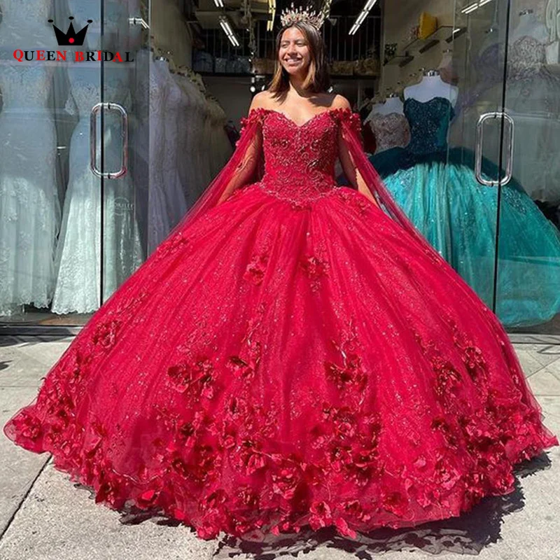 

Red Quinceanera Dress Flowers Off the Shoulder Sweetheart Princess Dress vestidos de quinceañera 2023 estidos para 15 ñera WS12