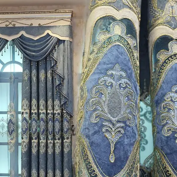 Fashion Pastoral Chenille Fabric Custom Size European Embroidery Blackout Blue and Brown Curtains for Living Dining Room Bedroom