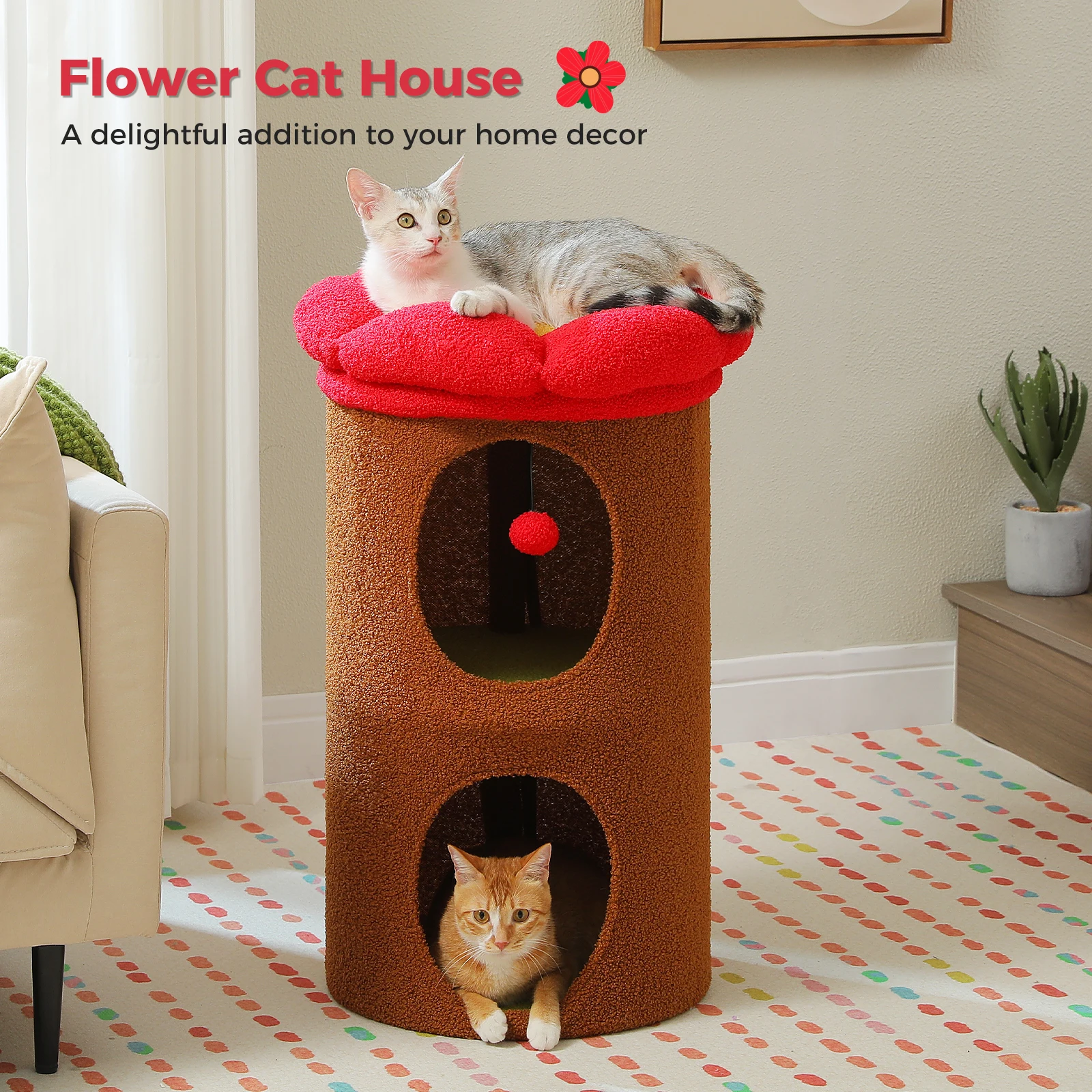 Double-Deck Cat House with Cozy Large Condos, Spacious Cat Bed with Luxury Flower Perch, Pompom Ball, Cat Furniture for Indoor