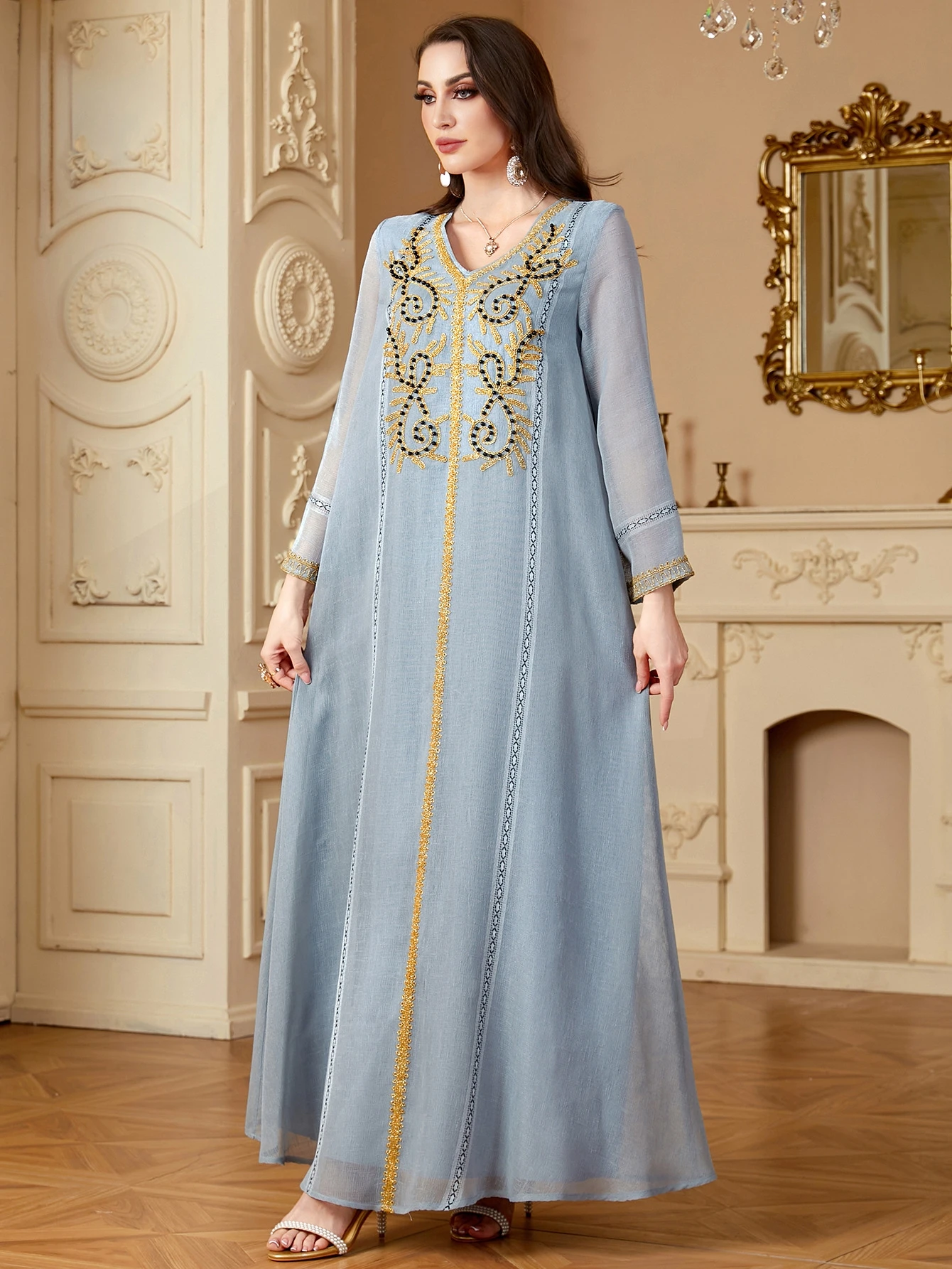 جديد مطرز رداء الدكتور فضفاض V-Ne مطرز طويل الدكتور دبي Sle الشرق الأوسط فضفاض صالح عالية الخصر ألف خط تنورة ثوب مسائي