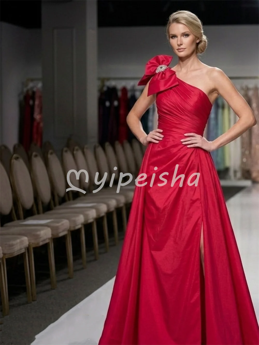 Casual Sizes Available Red Charmeuse Bow Crystal Pleat A-line One-shoulder Evening Dresses Floor-Length for Woman Customized