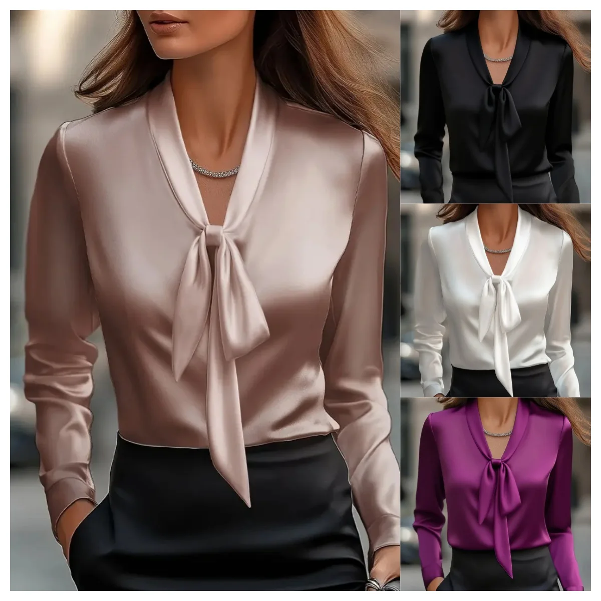 

2026 New Fashion Elegant Solid Color Lace-up Satin Long Sleeve Shirt For Women Evening Dresses Party Boho Midi Clothing