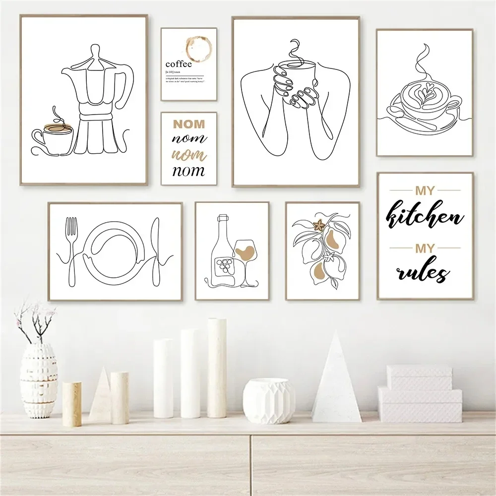 Abstract One Line Drawing Coffee Cup Woman Dinnerware Wall Art Canvas Painting Nordic Posters And Prints Pictures Kitchen Decor