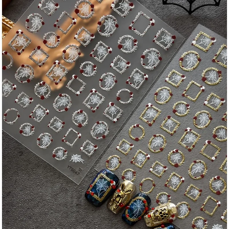 Retro Gold Silver Hollow Square Circle Photo Frame Spider Web Red Spot Mildly Scary Adhesive 3D Nail Art Sticker Manicure Decals