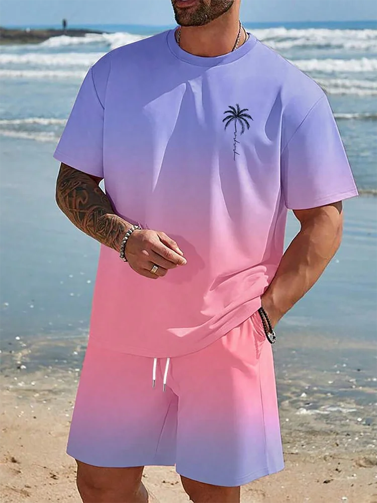 Hawaiian Style Men\'s T-shirt Beach Pants Suit Daily Casual Stylish Men\'s Short-sleeved Top Outdoor Vacation Men\'s Athletic Short