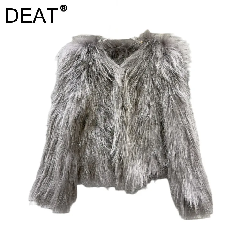 

DEAT Women's Coats Faux Fur Loose Long Sleeve V-neck Luxury Elegant Female Gradient Jackets 2024 New Winter Fashion 29L8888