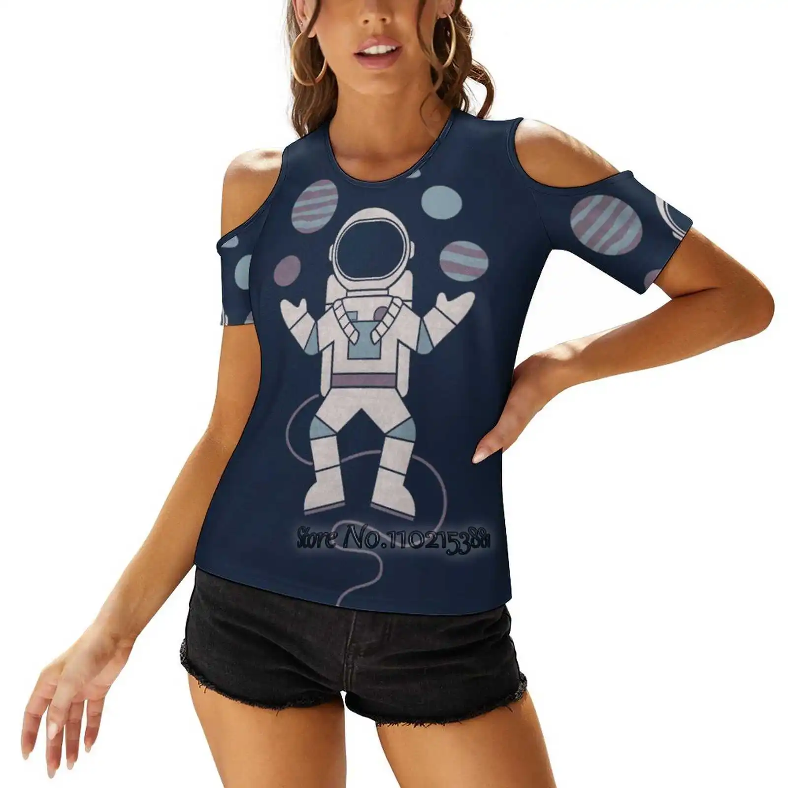 The Juggler Fashion Print T Shirts One Shoulder Lacing T-Shirt Women Ladies Girls Tops & Tees Astronaut Planets Space Juggle