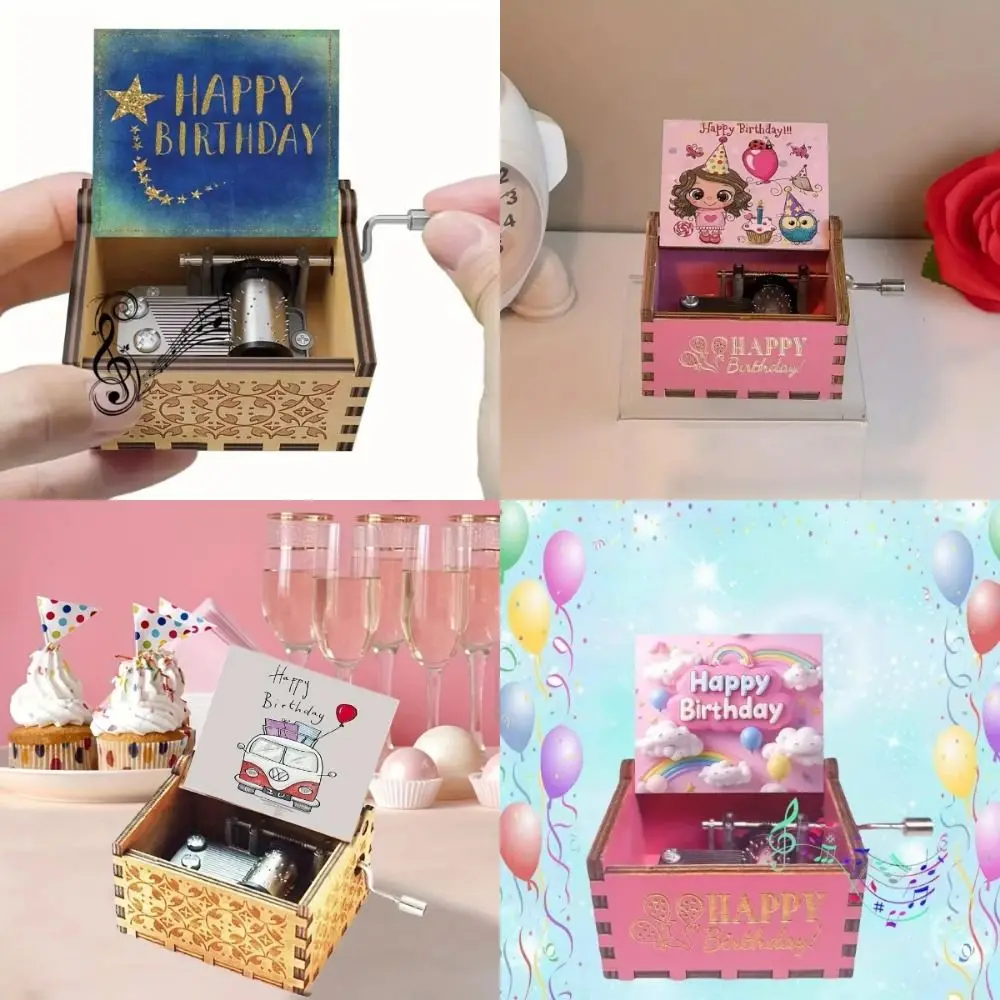 Creative Happy Birthday Wooden Music Box Classical Hand Crank Carved Musical Box Pink Light Luxury Music Gifts Birthday Gifts