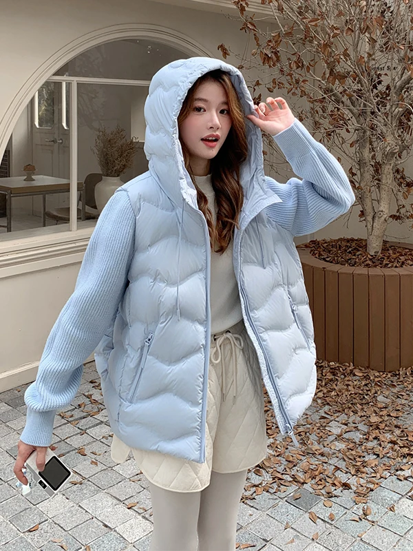 Veste d'hiver en duvet pour femme, bleu, tricotée, patchwork, design élégant, vêtements d'extérieur chauds, longue manche