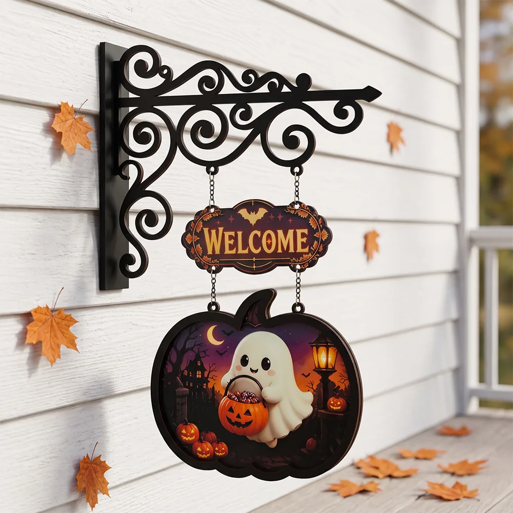 Halloween Lighted Welcome Sign, Cute Ghost & Pumpkin Wooden Hanging Door Plaque, Glowing Halloween Wall Decor for Front Door, Porch, Entryway & Home Party Decoration