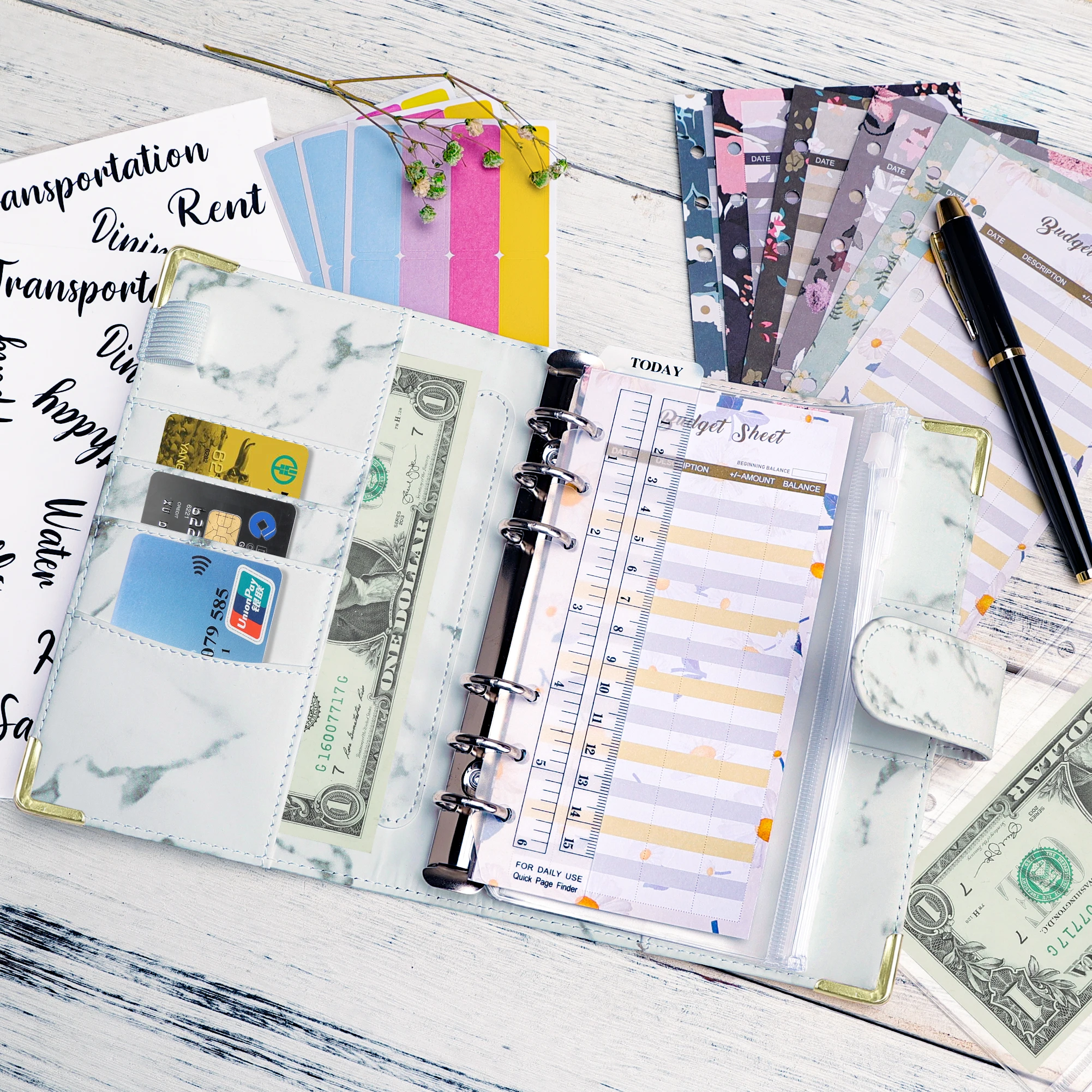 A6 Marble Money Budget Planner Notebook Pu Leather Loose-leaf Zipper Binder Cash Envelopes Organizer Notepad Agenda Diary