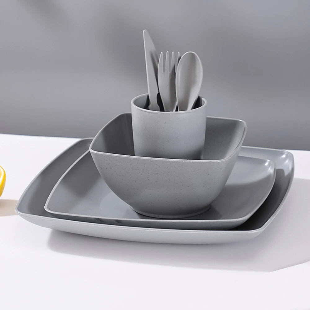 

Wheat Straw Cutlery Set 7Pcs Bowl Cup Dish Set Portable Tableware Set with Knife Fork Spoon Dinnerware Kits for Picnic Camping