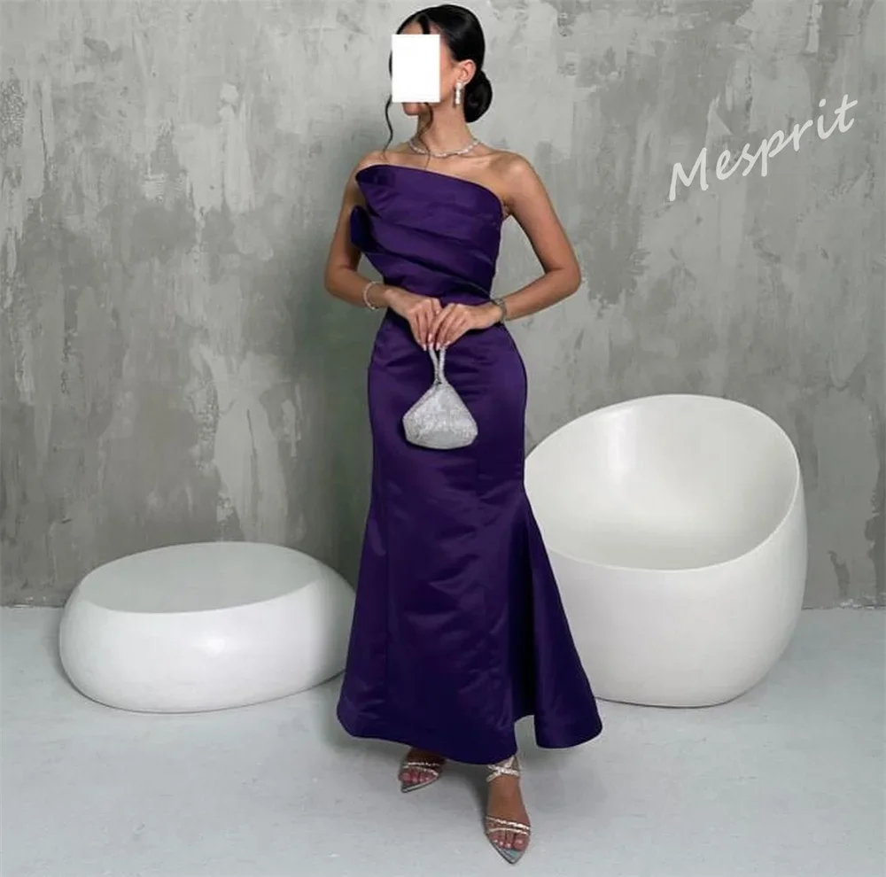 Customized Exquisite Strapless Mermaid Anke Length Evening Dresses Shirred Hugging Satin Customized Evening Dresses