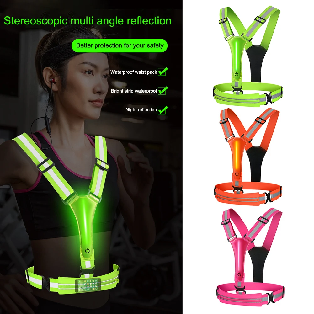 LED Reflective Vest Light Up Running Vest USB Rechargeable Cycling Security Vest 3 Light Modes with Phone Bag for Women Men Kids