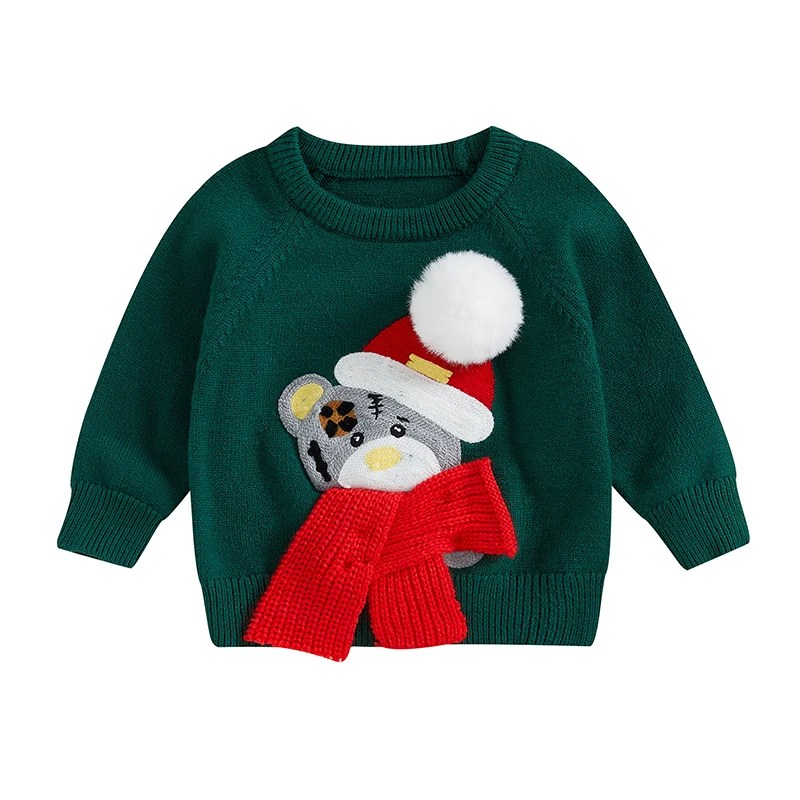 Baby Boy Girl Sweater Christmas Bear Embroidery Crew Neck Long Sleeve Pullover Knit Tops for Winter Fall