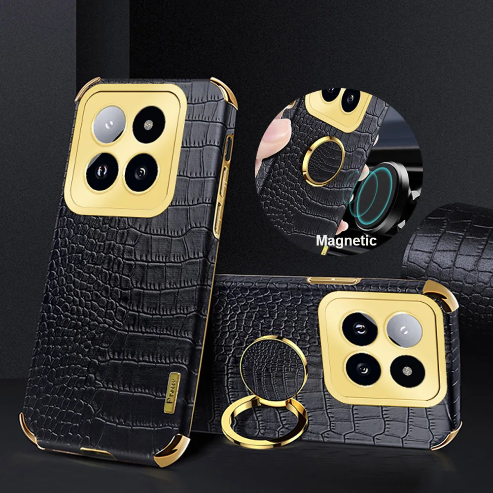 Crocodile Pattern Leather Back Case For Xiaomi 14 Pro Case Magnetic Ring Holder Case For Xiaomi 14 Camera Protector Full Cover