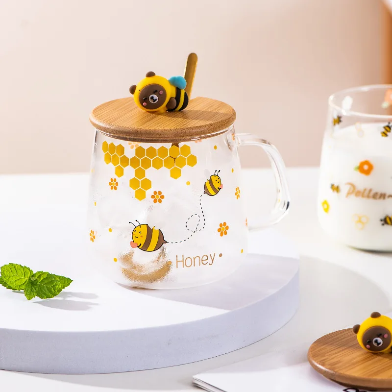 Bee Cartoon Glass Spoon Milk Cup Breakfast Cup New Year Mugs Coffee Cups Mug Beautiful Tea Mugs Mug With Lid Drinkware Original