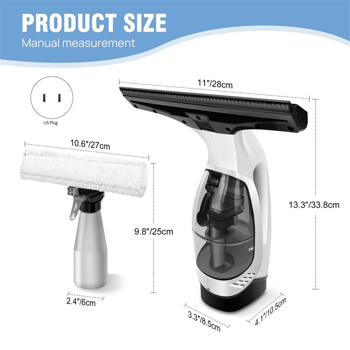Cordless Window Vac, Rechargeable Window Vacuum Cleaner with Squeegee Head, 150ml Water Tank, Light Weight US Plug TQ