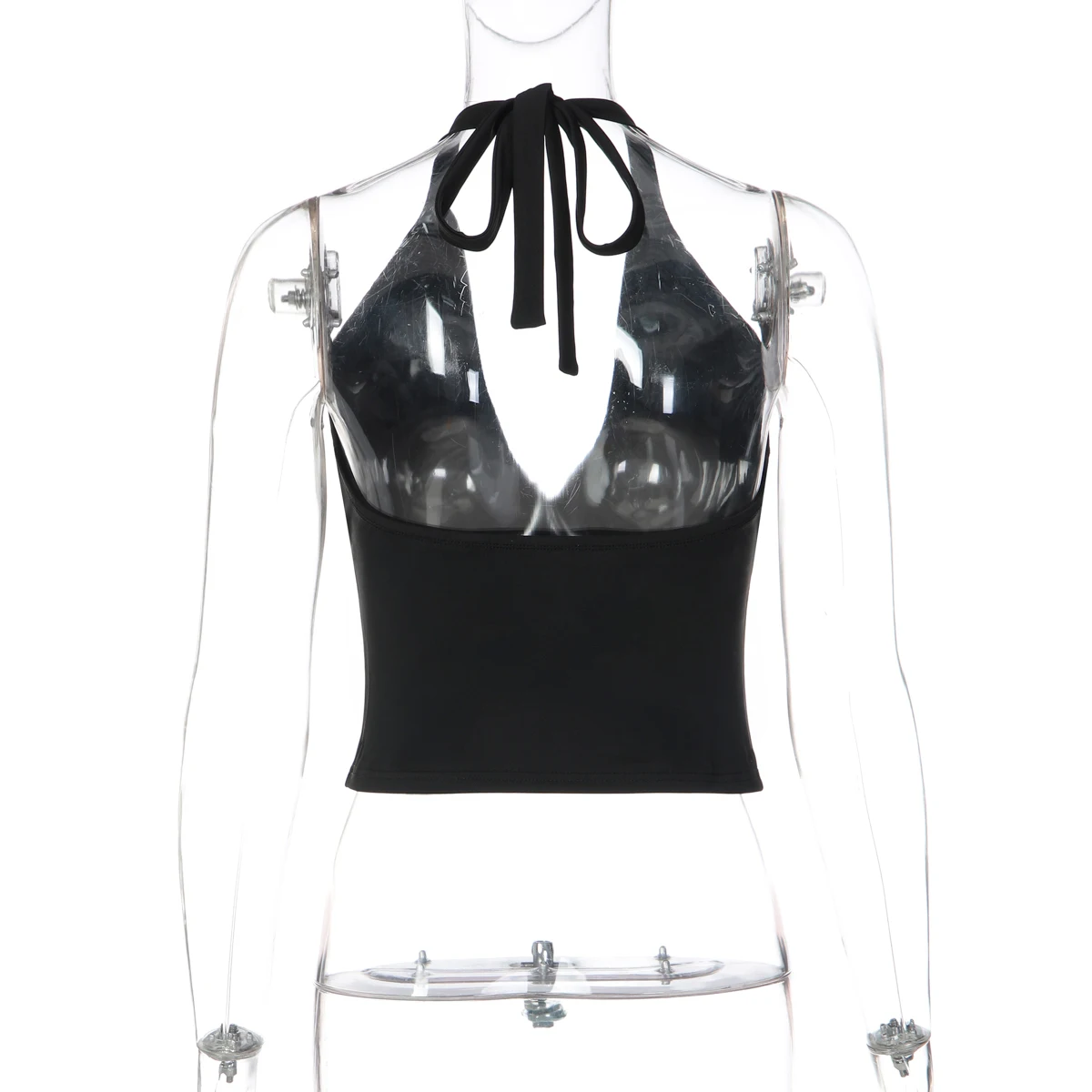 Hugcitar Neckholder V-Ausschnitt Einfarbig Rückenfrei Gerafftes Bandage Sexy Crop Tank Top Sommer Damen Mode Outfit Streetwear Party Club – Detail 4