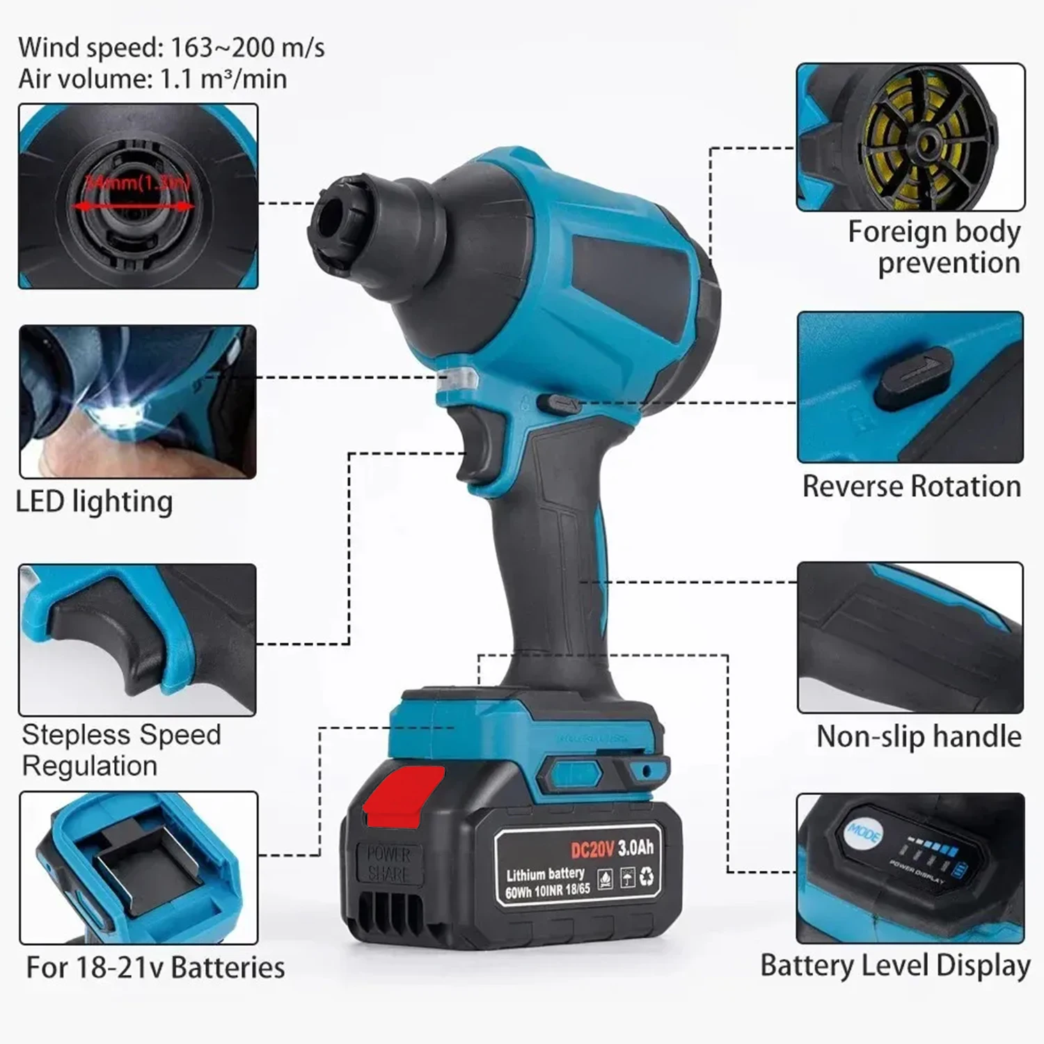 Brushless Electric Air Blower, Dust Removing Gun, Rechargeable Wireless Cleaning Precipitator With Nozzle For Makita 18V Battery