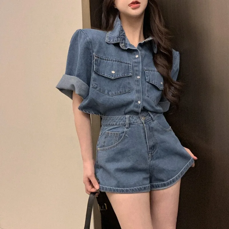 

Retro Collar Blue Denim Open Cardigan Top Women's High Waist Straight Leg Wide Pants Short Two Piece Set Summer Fashion