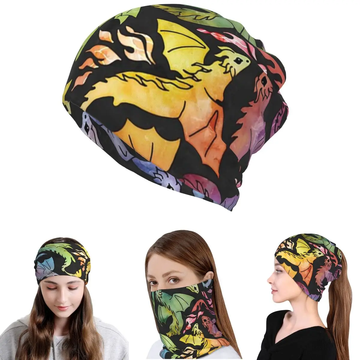 Dragon Fire Dark Rainb Bandana Neck Cover Mask Scarf Warm Headband Beanies Hat for Men Women Adult All Season