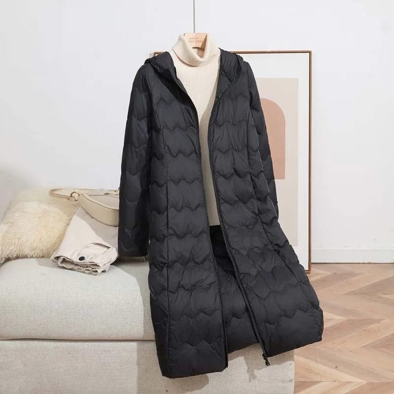 2026 New Autumn and Winter Extended Down Jacket 90% White Duck Down Ladies Hooded Wave Line Down Jacket Warm Outdoor Coat