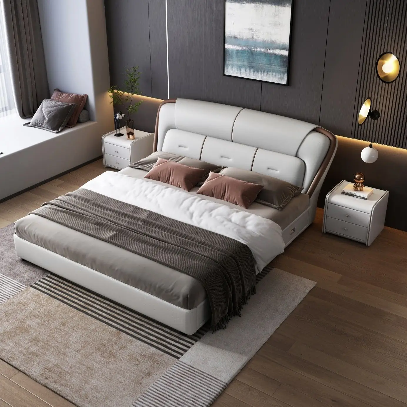 

Итальянская кровать из кожи класса люкс, современная, простая, двуспальная, 1,8 метра, для небольшой квартиры, для главной спальни, с мягким изголовьем, большая кровать 1,5 метра.