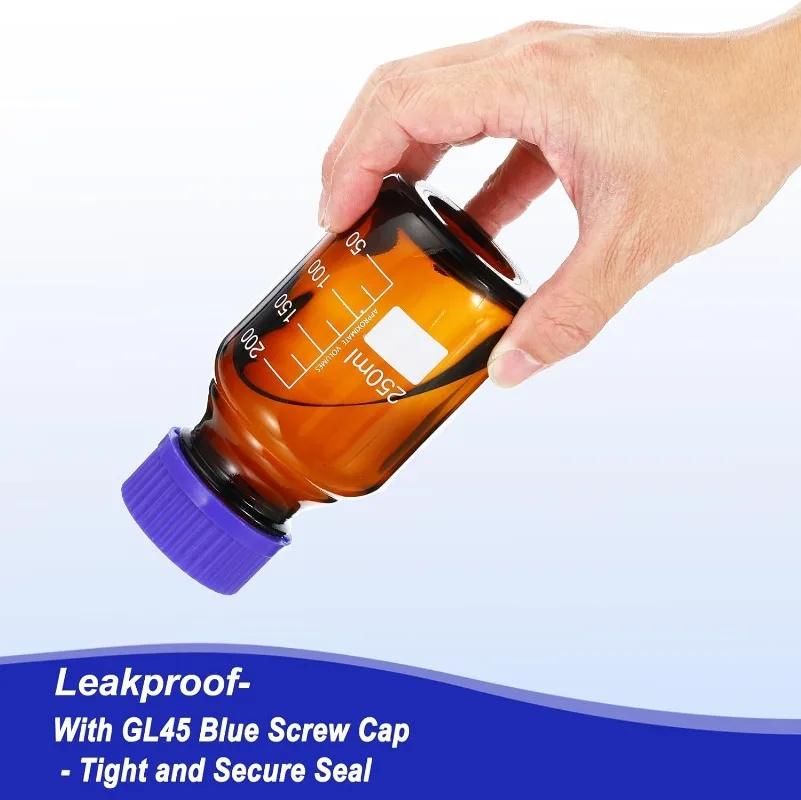 Vidrio de borosilicato ámbar, botella de almacenamiento con tapa de rosca azul GL45, 250 mL, graduado, redondo, para reactivos de laboratorio,