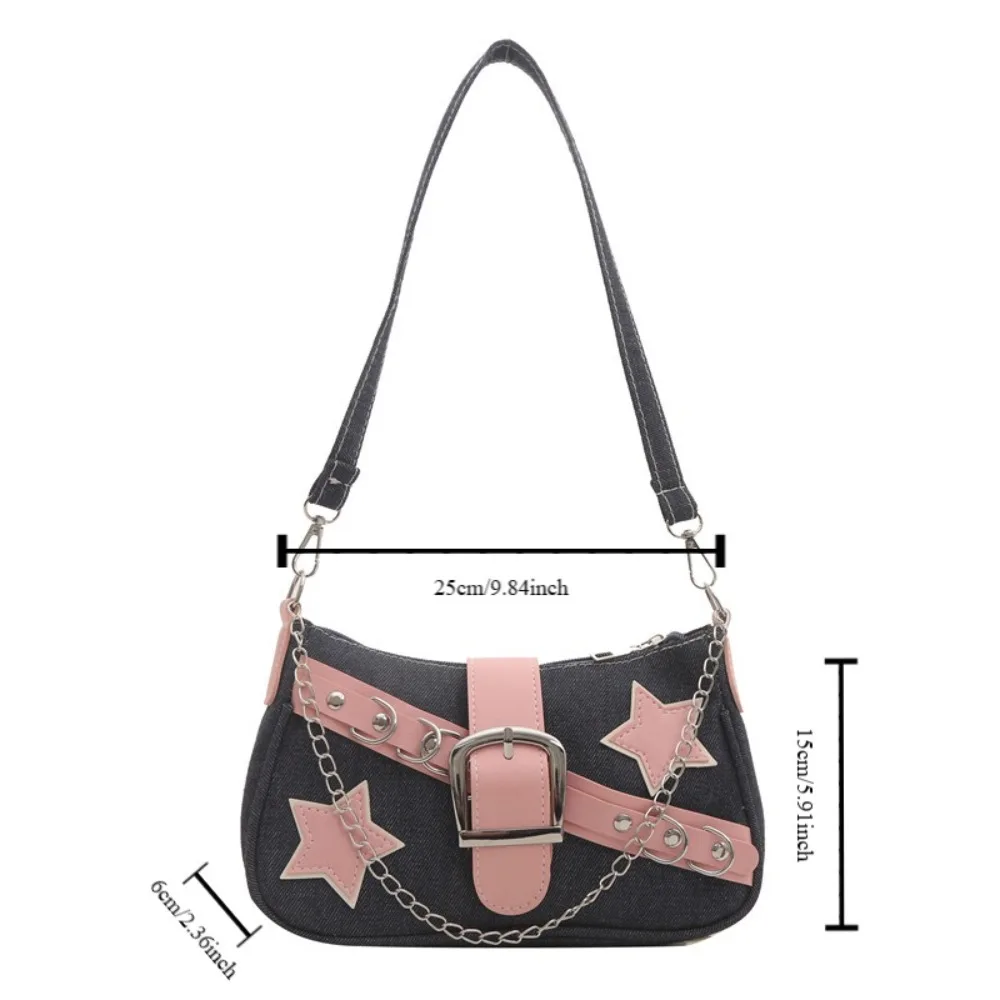 Casual Handbag Y2k Underarm Bag Tote Bag Star Pattern Korean Style Shoulder Bag Chain Denim Tote Bag Girls