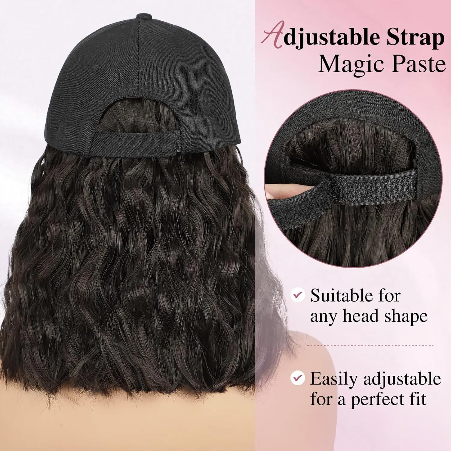 Hutperücke für Frauen, Perückenkappe mit lockigen Haarverlängerungen, Hut mit Haarwelle, verstellbare Baseballmütze, synthetische Perücken