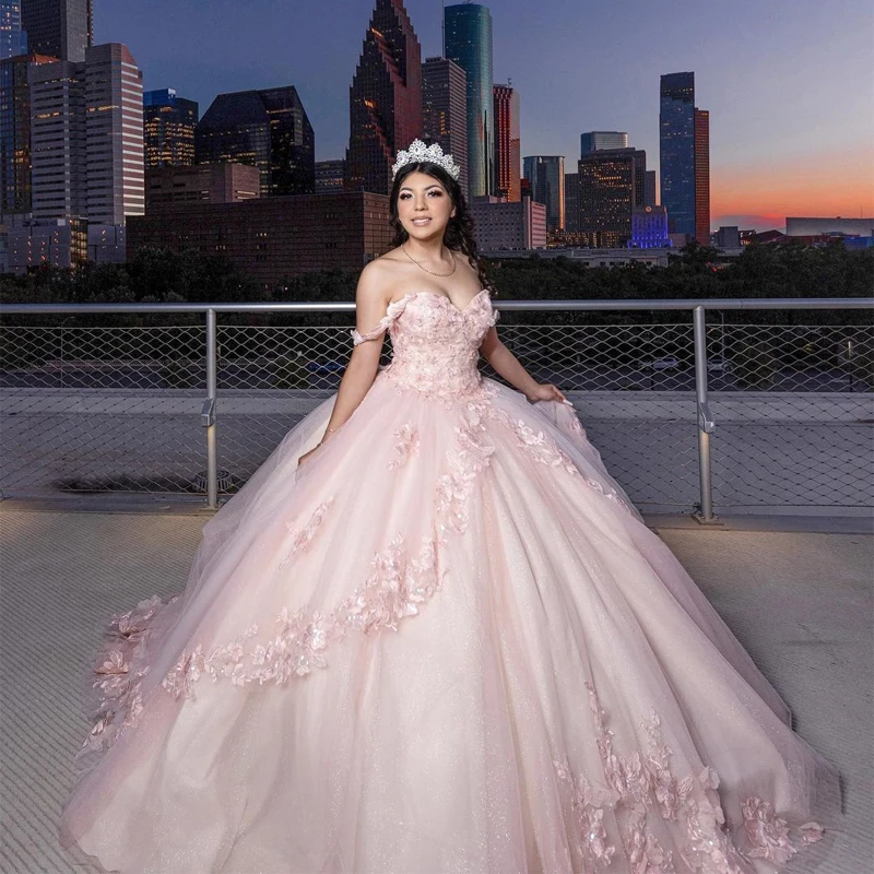 ANGELSBRIDEP Pink Quinceanera Dresses Vestidos De 15 Anos Off-Shoulder 3D Flower Lace Applique Formal Princess Gowns Customized