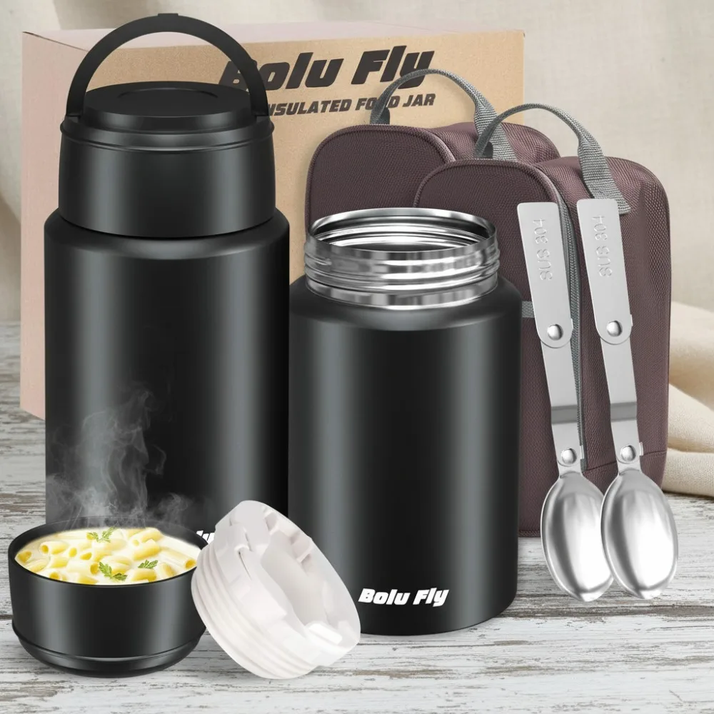 

2-Pack Stainless Steel Vacuum Insulated Food Jars, 18.5oz & 27oz Thermal Lunch Containers with Spoon & Bag