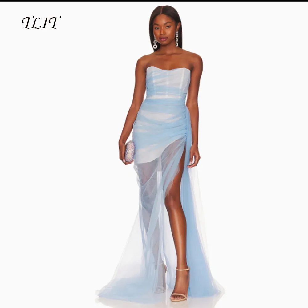 

TLIT Простые детские синие тюлевые белые атласные вечерние платья без бретелек платье de noite по индивидуальному заказу вечерние платья с высоким разрезом по бокам
