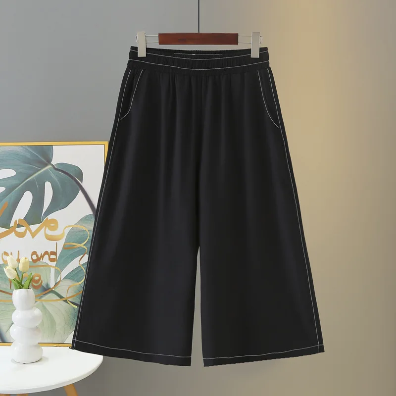 

2025 женские широкие брюки больших размеров, летние новые стильные повседневные укороченные брюки-кюлоты 100 кг 631