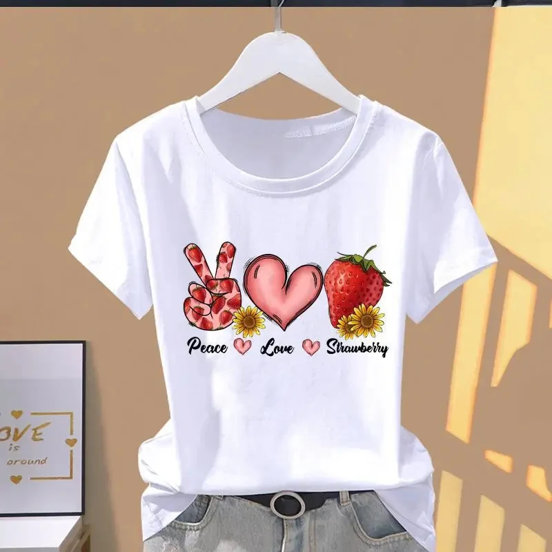 Boho Style Strawberry Print Peace Sign Pink Heart Sunflower Peace Love Letter Women T-Shirt Short Sleeve Crew Neck Fruit Floral
