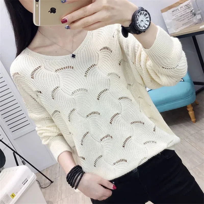 Autumn Winter V-neck Elegant Sweet Knitting Hollow Out Top Women Solid Casual Sweater Ladies Korean Style All-match Pullover2024