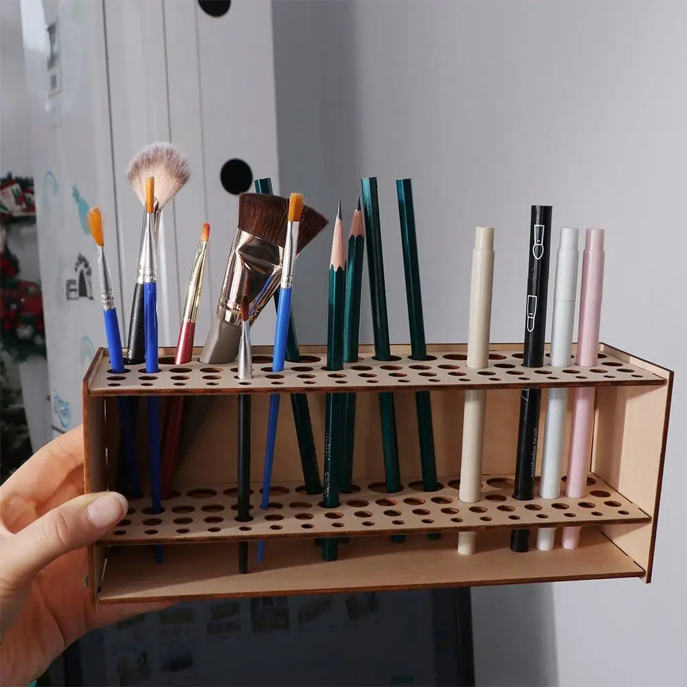 Natural Wooden Frame Paint Brush Holder 67 Holes Household Desk Organizer Large Capacity Detachable Pen Drying Stand Art Tools