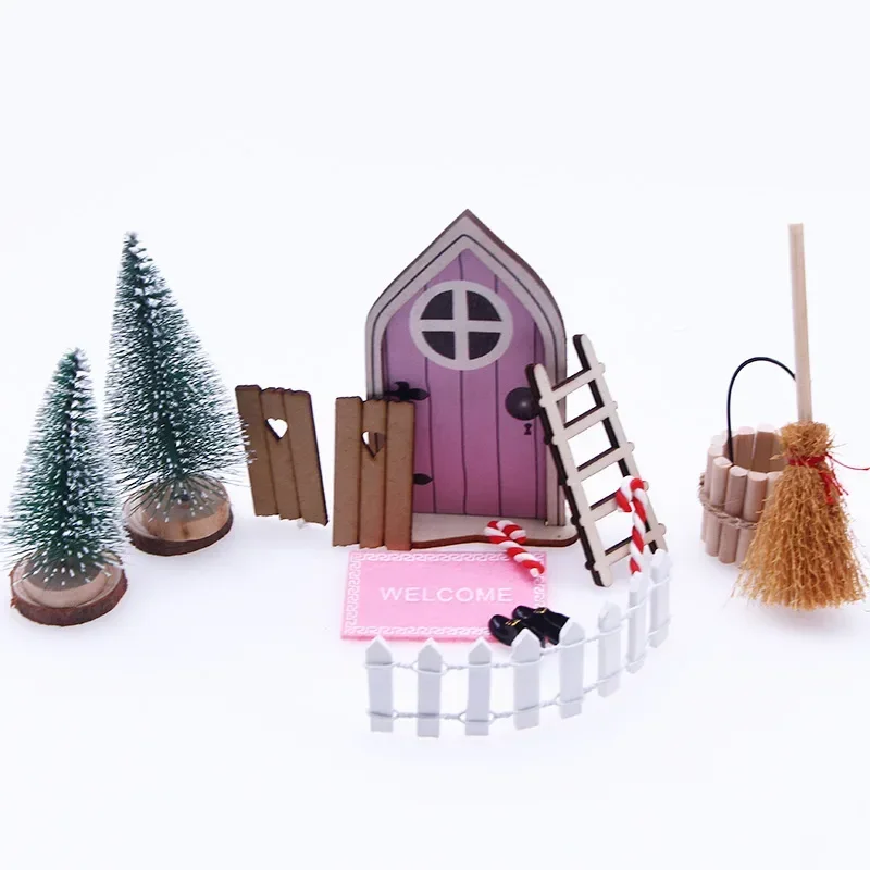 Doll House Elf Door Set Christmas Decor Fake Light String Hat Wreath Mini Tree Gift Boxes Fairy Toy House Miniature Scene Model