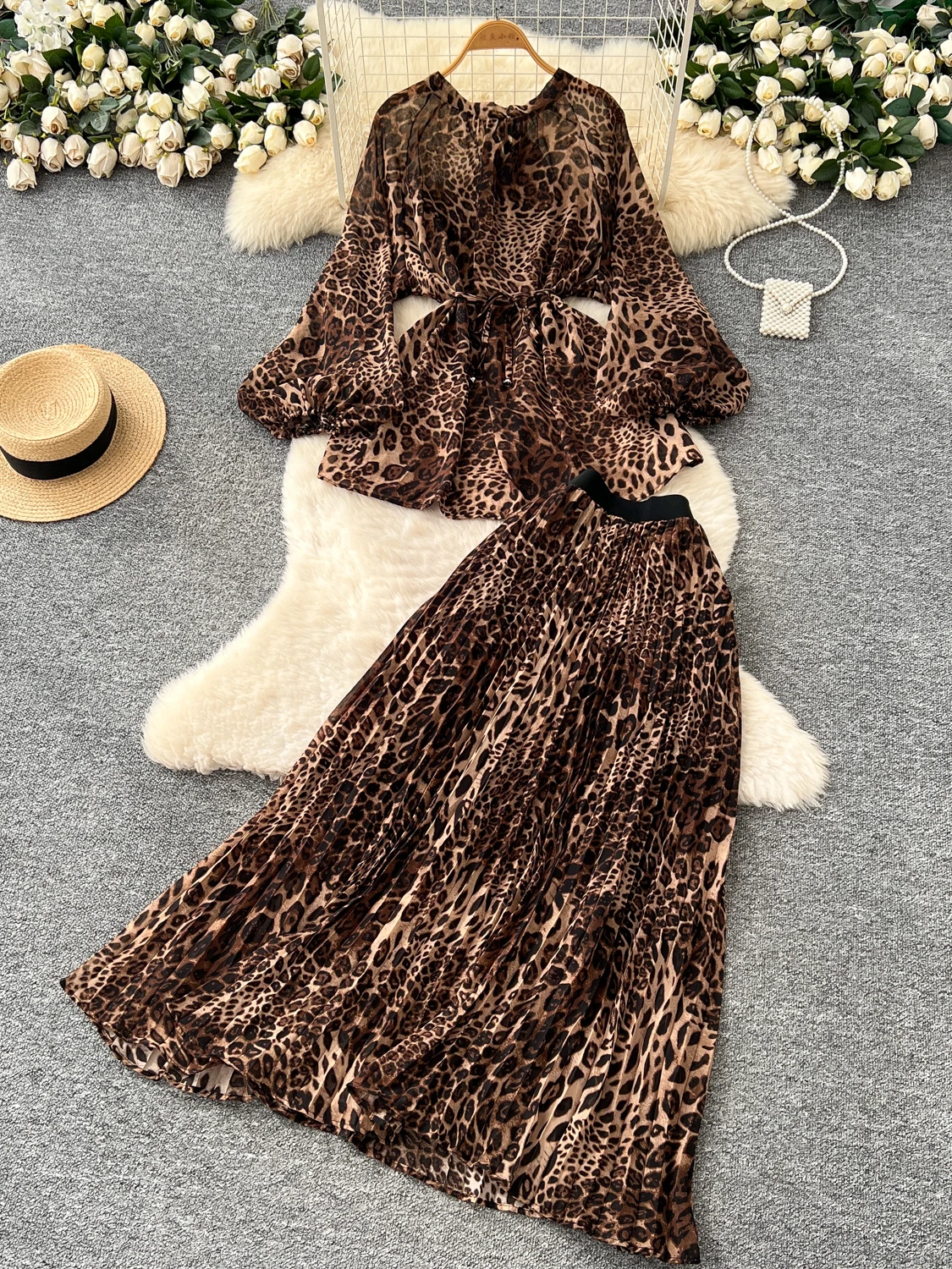 Autunno da donna Faion con cintura Lanterna Sve Stampa leopardata Top a vita alta Gonna a pieghe Set Abbigliamento da lavoro casual francese Sle