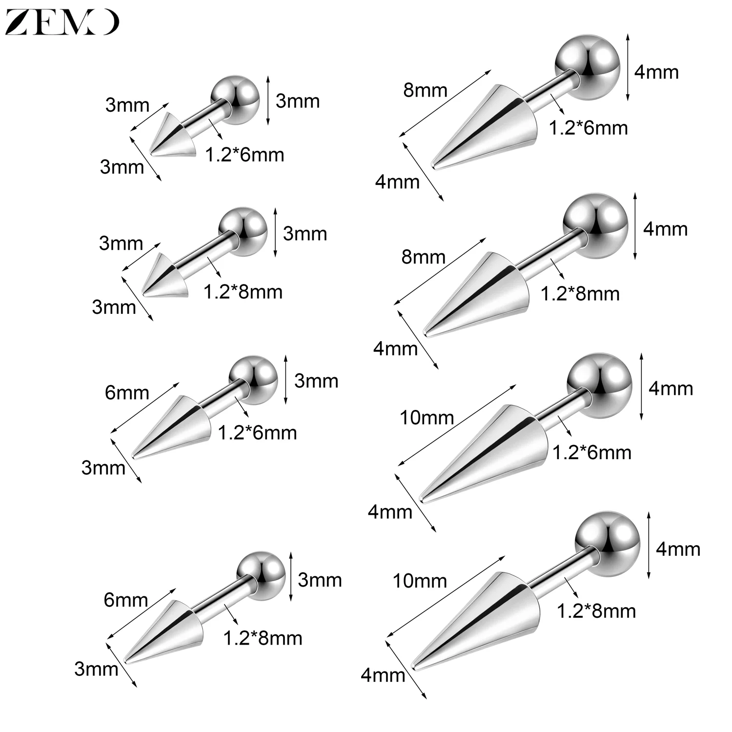ZEMO 1 PC 16G/18G Stainless Steel Ear Studs Punk Spike Style Stud Earrings Silver Color Conch Helix Cartilage Piercings Jewelry