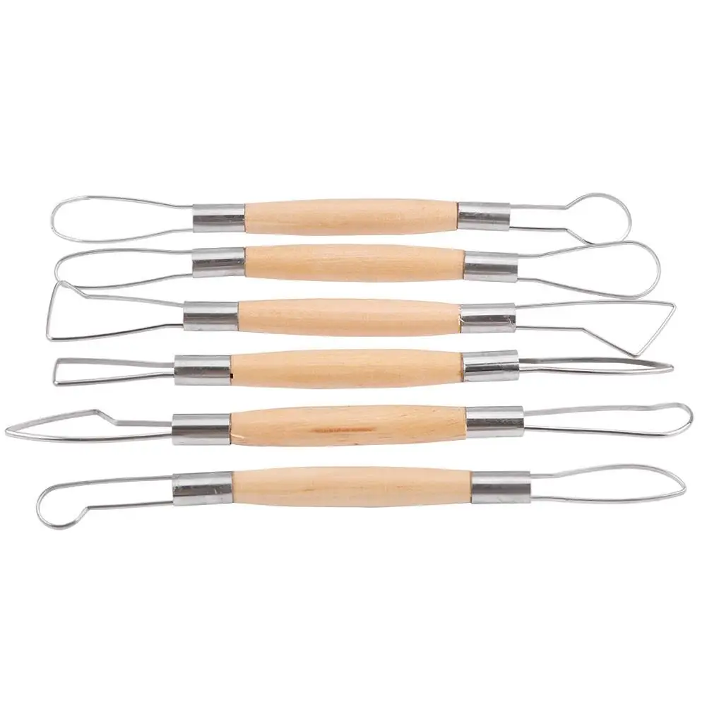 6 Stuks Dubbele Kop Klei Carving Tools Met Houten Handvat-Diy Craft Wax & Ribbon Set