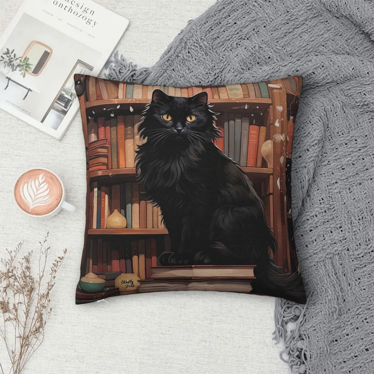 

Квадратная наволочка с изображением кошки на книжной полке, декоративная наволочка для подушки, комфортная декоративная подушка для дома и гостиной